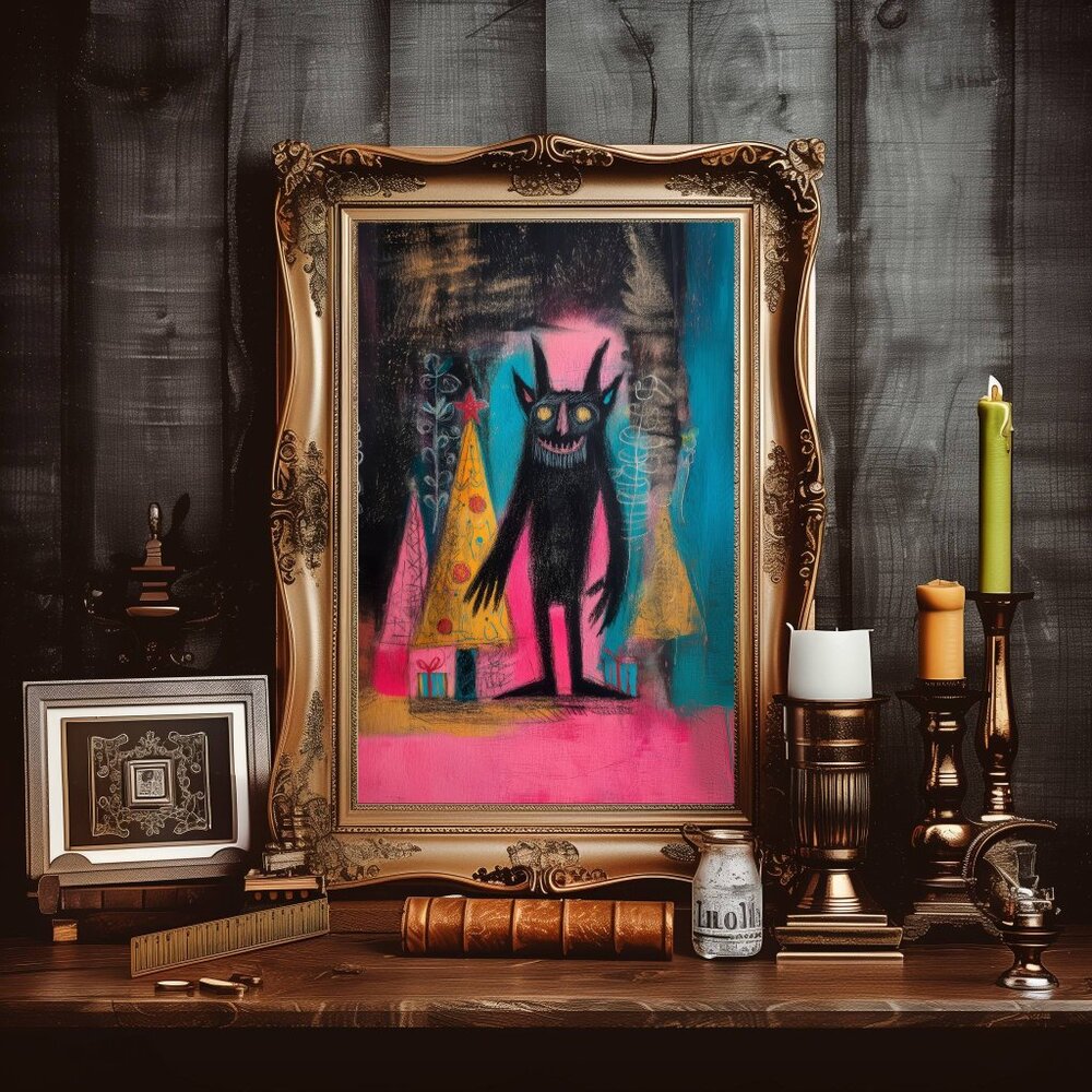 8.5x11 Crayon Style Creepy Neon Krampus Christmas Art Print - Picture 2 of 3